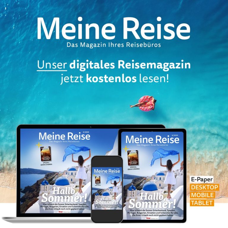 Cover des digitalen Reisemagazins „Meine Reise“ auf verschiedenen Geräten.